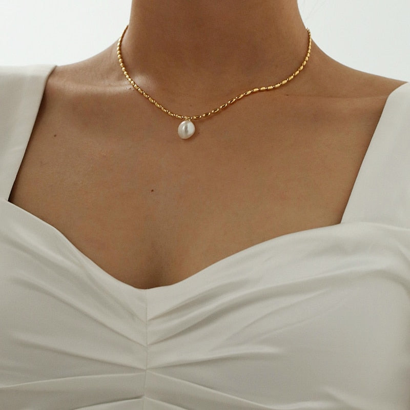 18K Gold Beaded Pearl Pendant Necklace