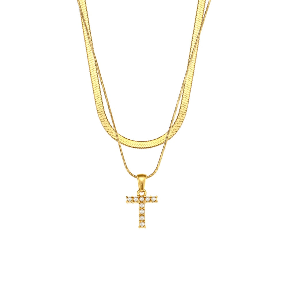 18K Gold Plated Double Layered Pearl Alphabet Pendant
