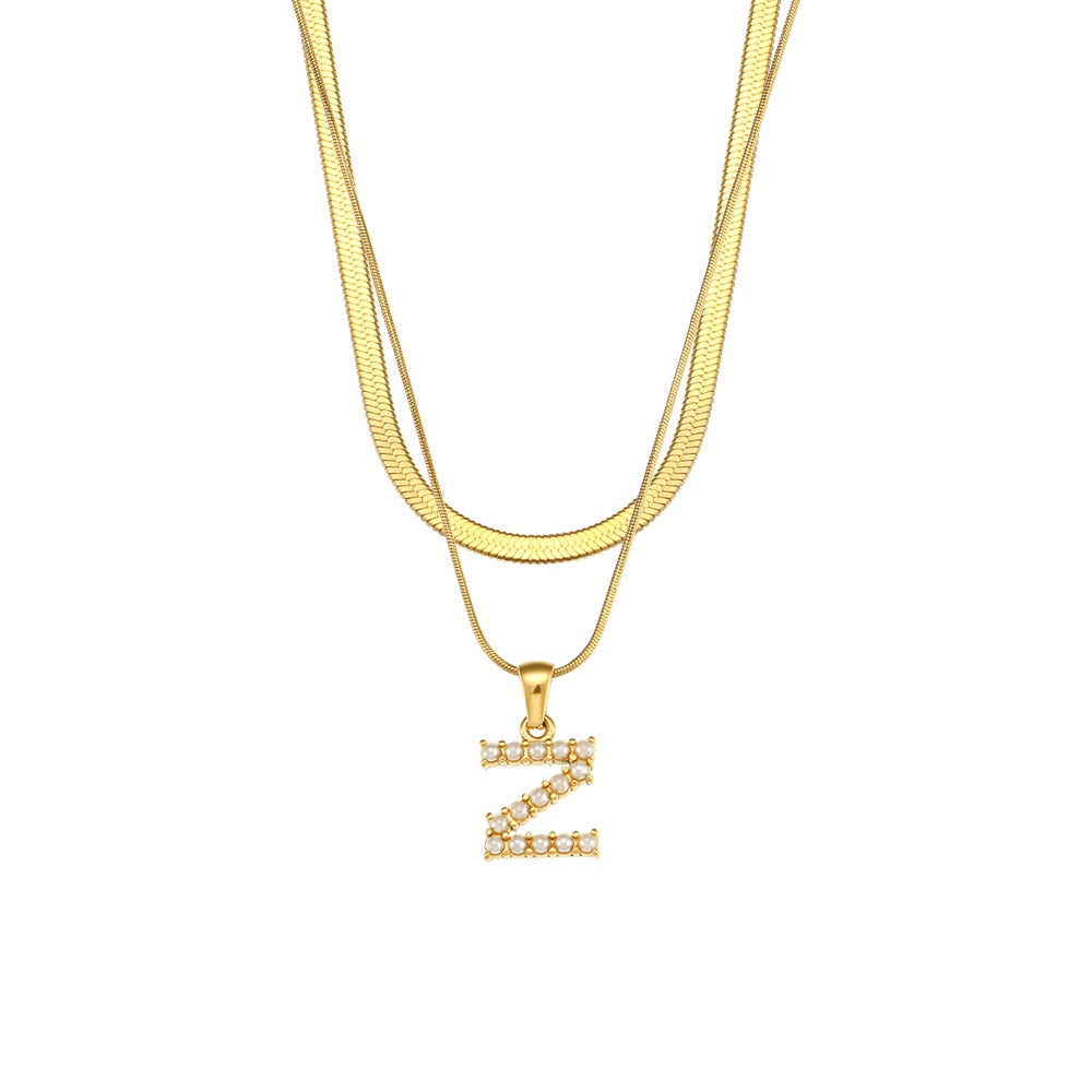 18K Gold Plated Double Layered Pearl Alphabet Pendant