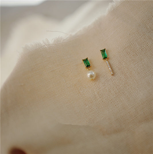 French Emerald Sterling Silver Pearl Stud Earrings