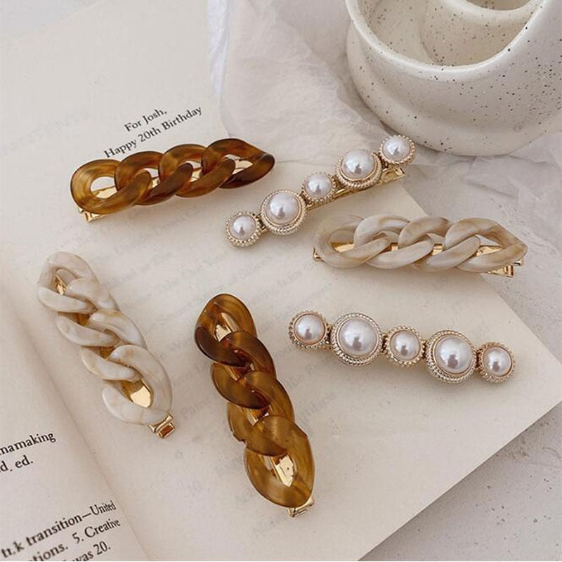 Pearl and Chain Link Hair Barrettes